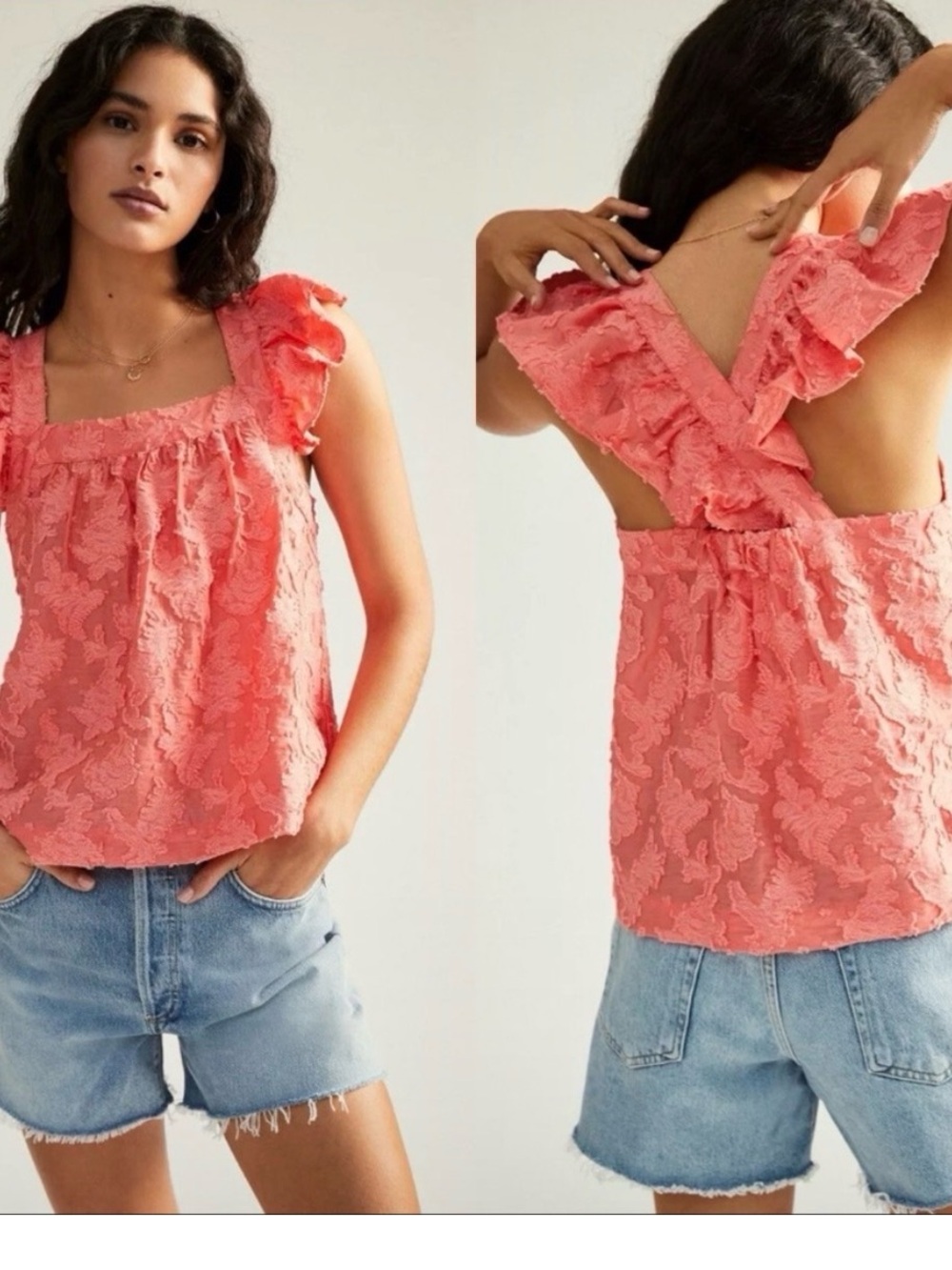 By Anthropologie Amber Tank Top Coral Ruffle Criss-Cross Straps Textured size S